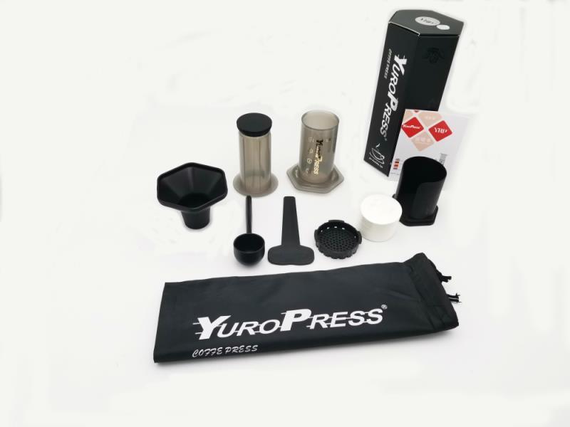 YUROPress coffee press components and accessories on a white background