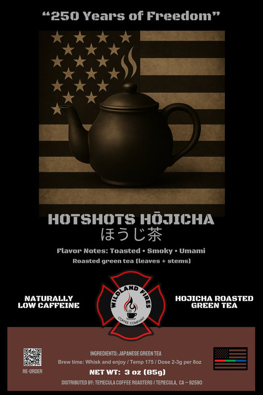Hotshots Hojicha tea packaging with American flag design and teapot illustration.