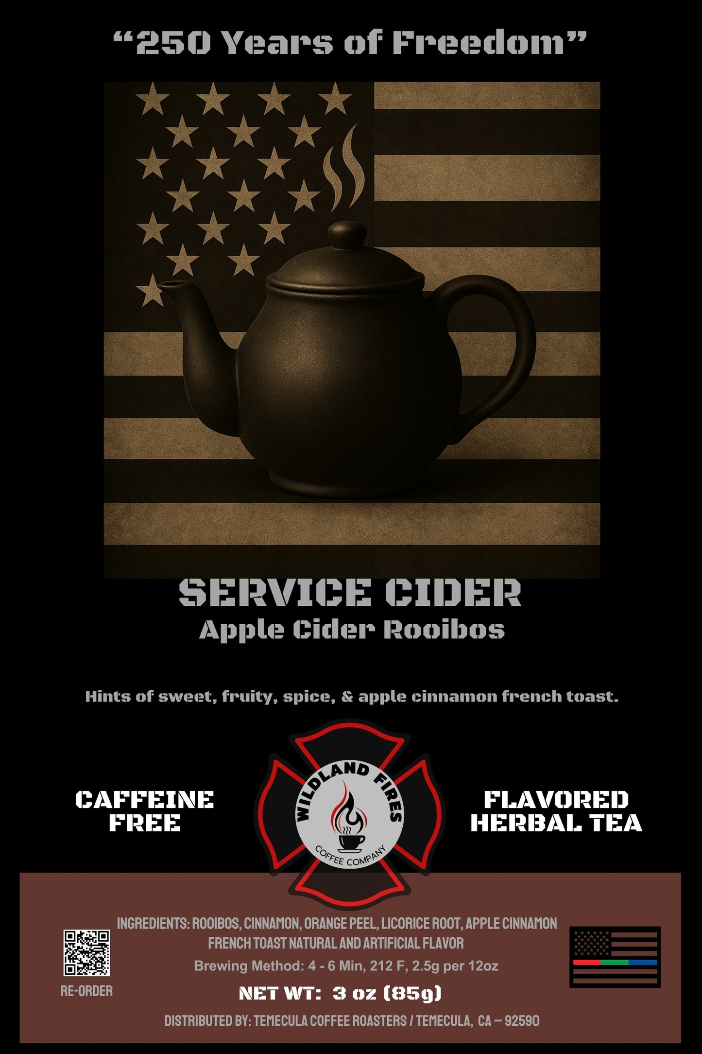 Service Cider Apple Cider Rooibos packaging with a teapot graphic on an American flag background.