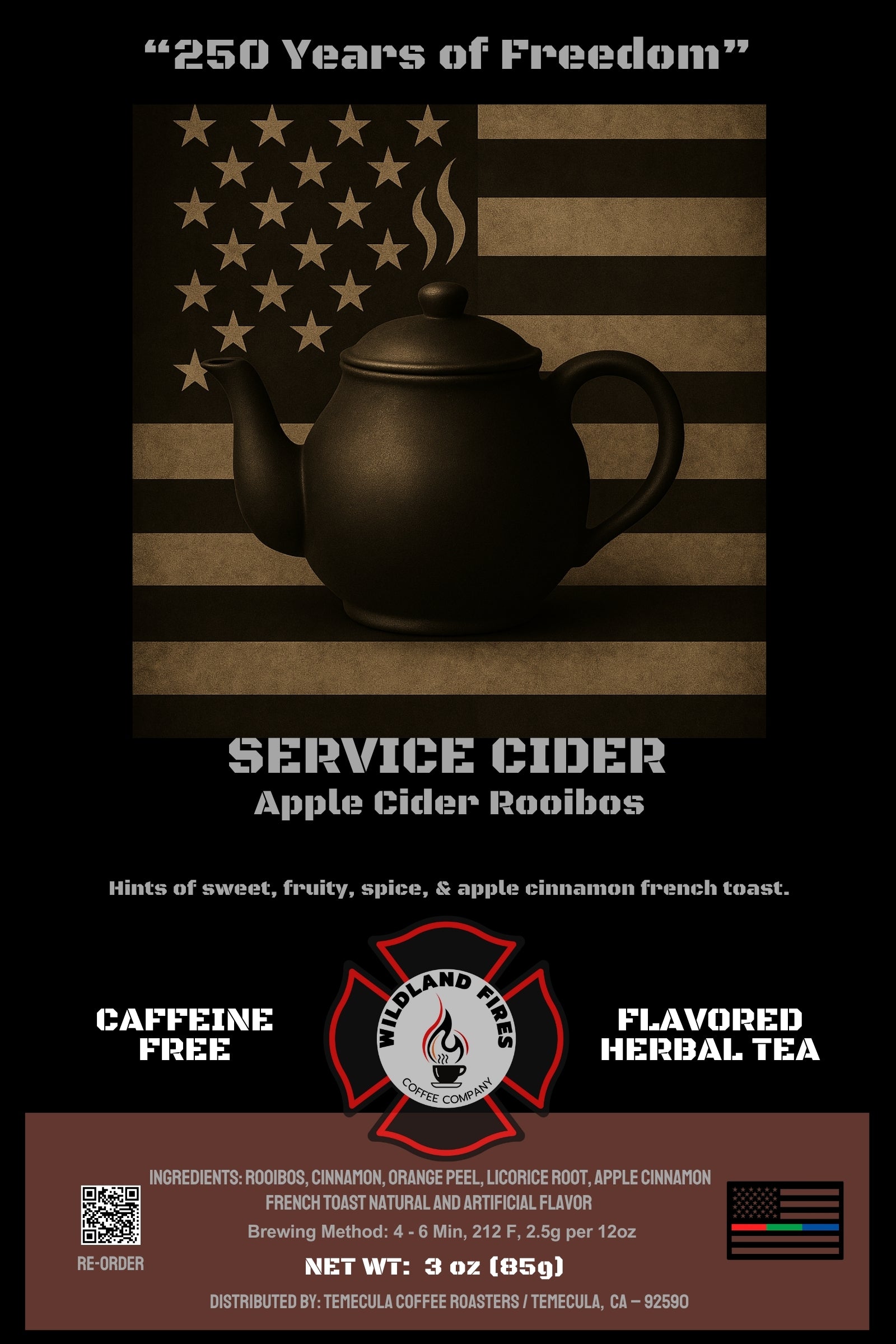 Service Cider Apple Cider Rooibos packaging with a teapot graphic on an American flag background.