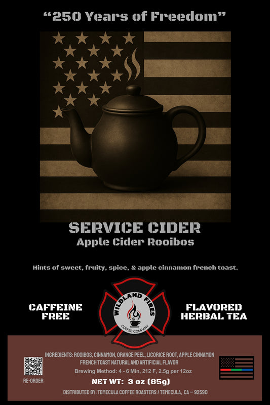 Service Cider Apple Cider Rooibos packaging with a teapot graphic on an American flag background.