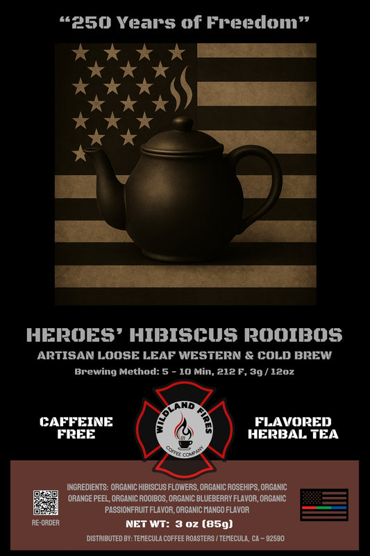 Tea packaging with a teapot design on an American flag background, featuring text about '250 Years of Freedom' and product details.