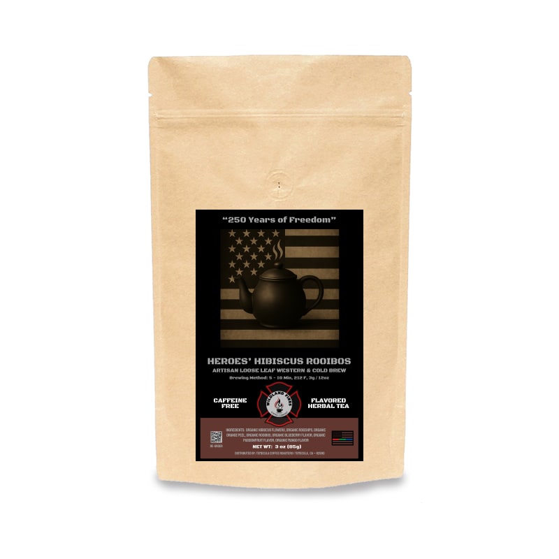 Kraft paper tea bag with a black label featuring an American flag and text on a white background