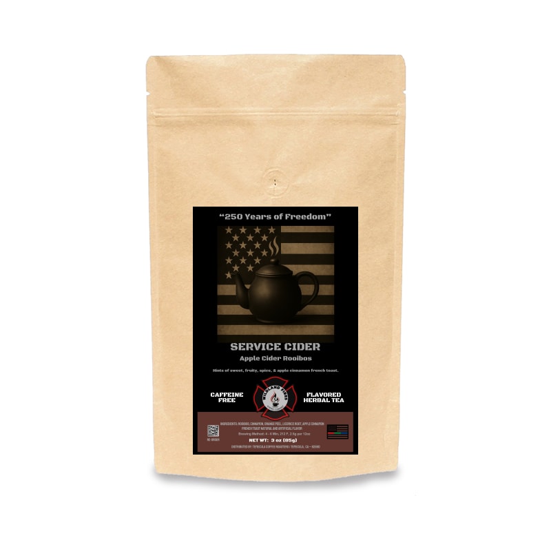 Kraft paper tea bag with a black label featuring an American flag design on a white background