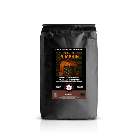 Coffee bag labeled 'Patriot Pumpkin' with a pumpkin design.