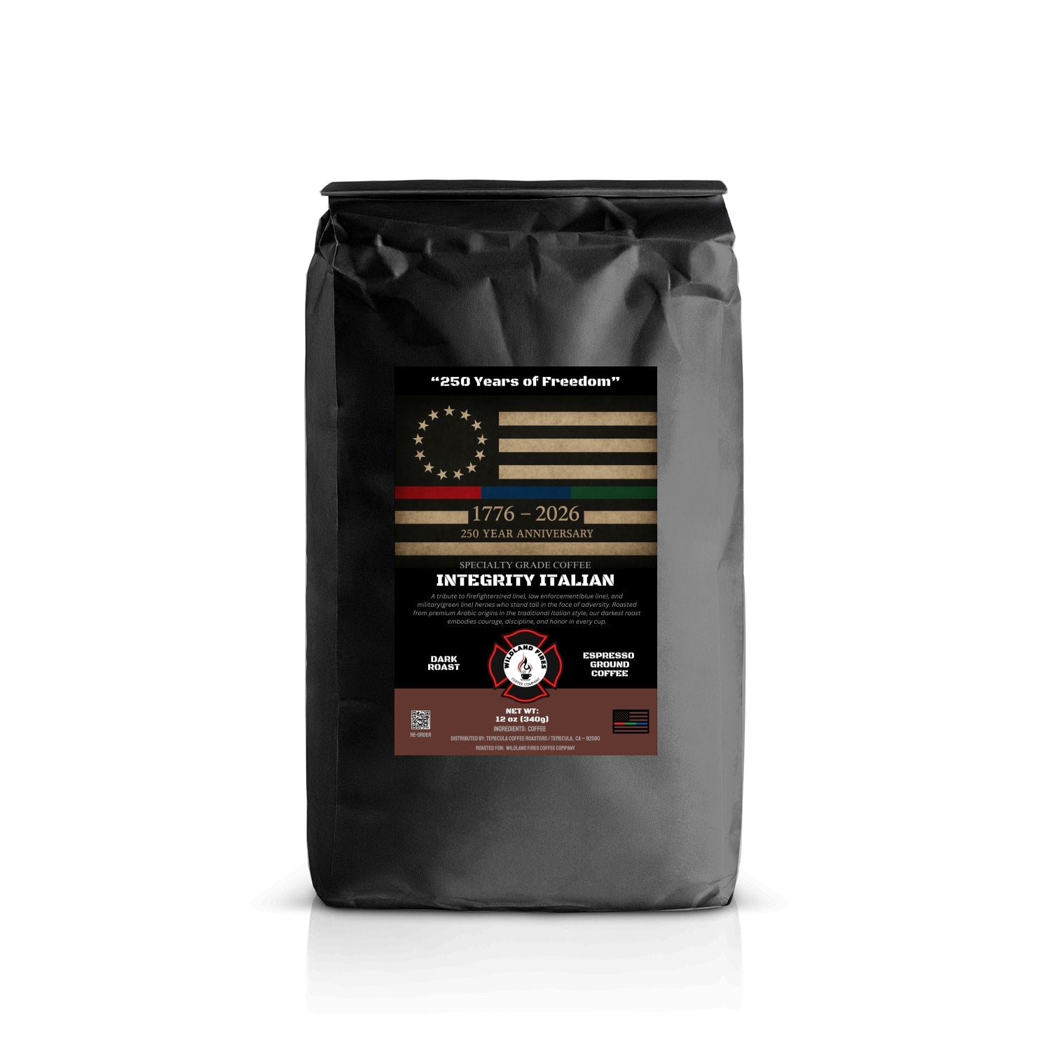 Coffee bag with a label featuring 'Integrity Italian' branding on a white background