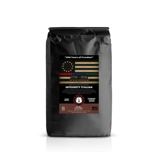 Coffee bag with a label featuring 'Integrity Italian' branding on a white background
