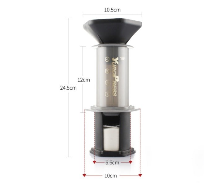 Yama Press coffee press with dimensions labeled on a white background