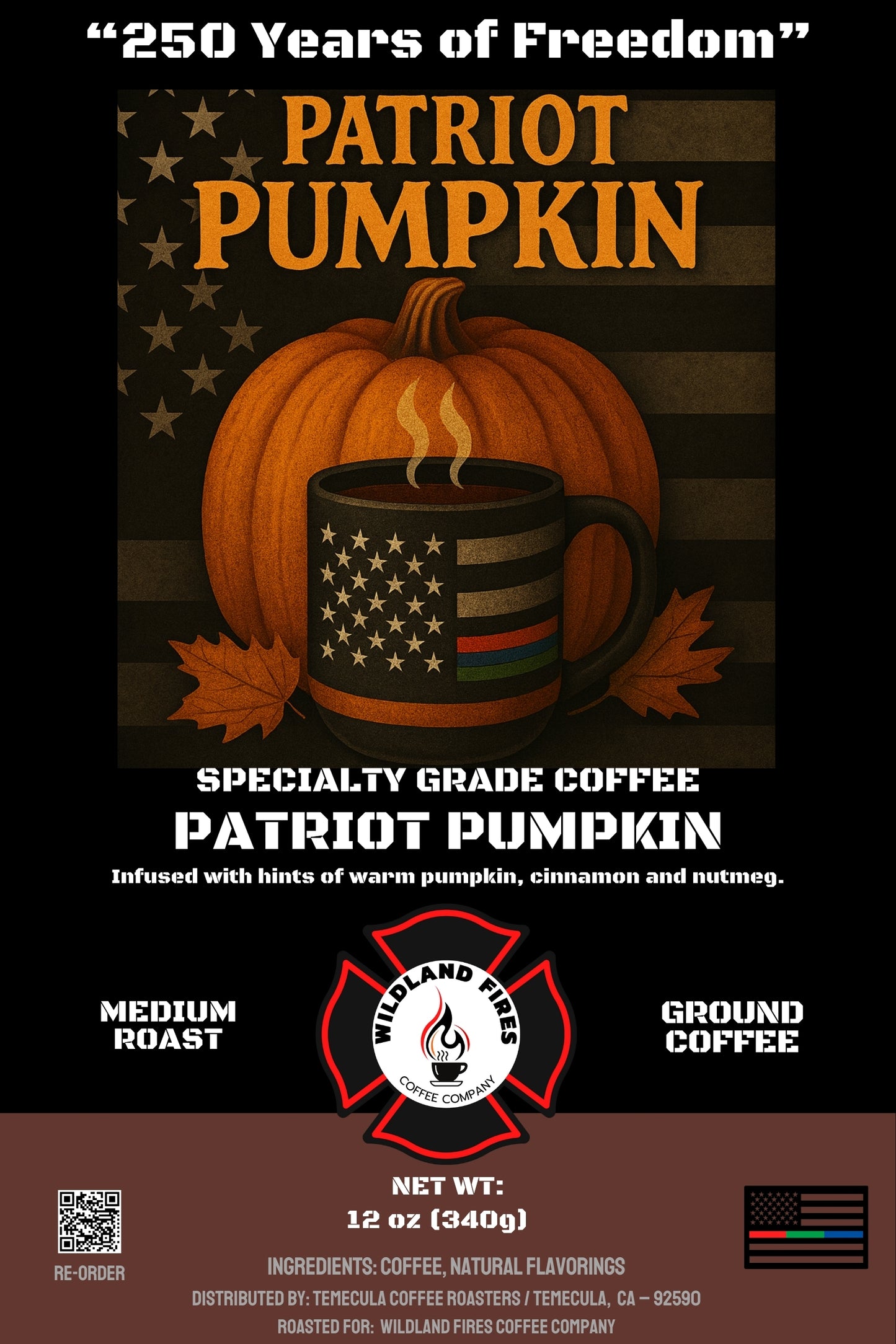 Patriot Pumpkin coffee packaging with pumpkin, coffee cup, and American flag design on a brown background.