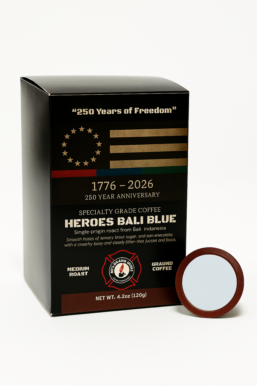Heroes Bali Blue coffee packaging with a coffee filter on a white background