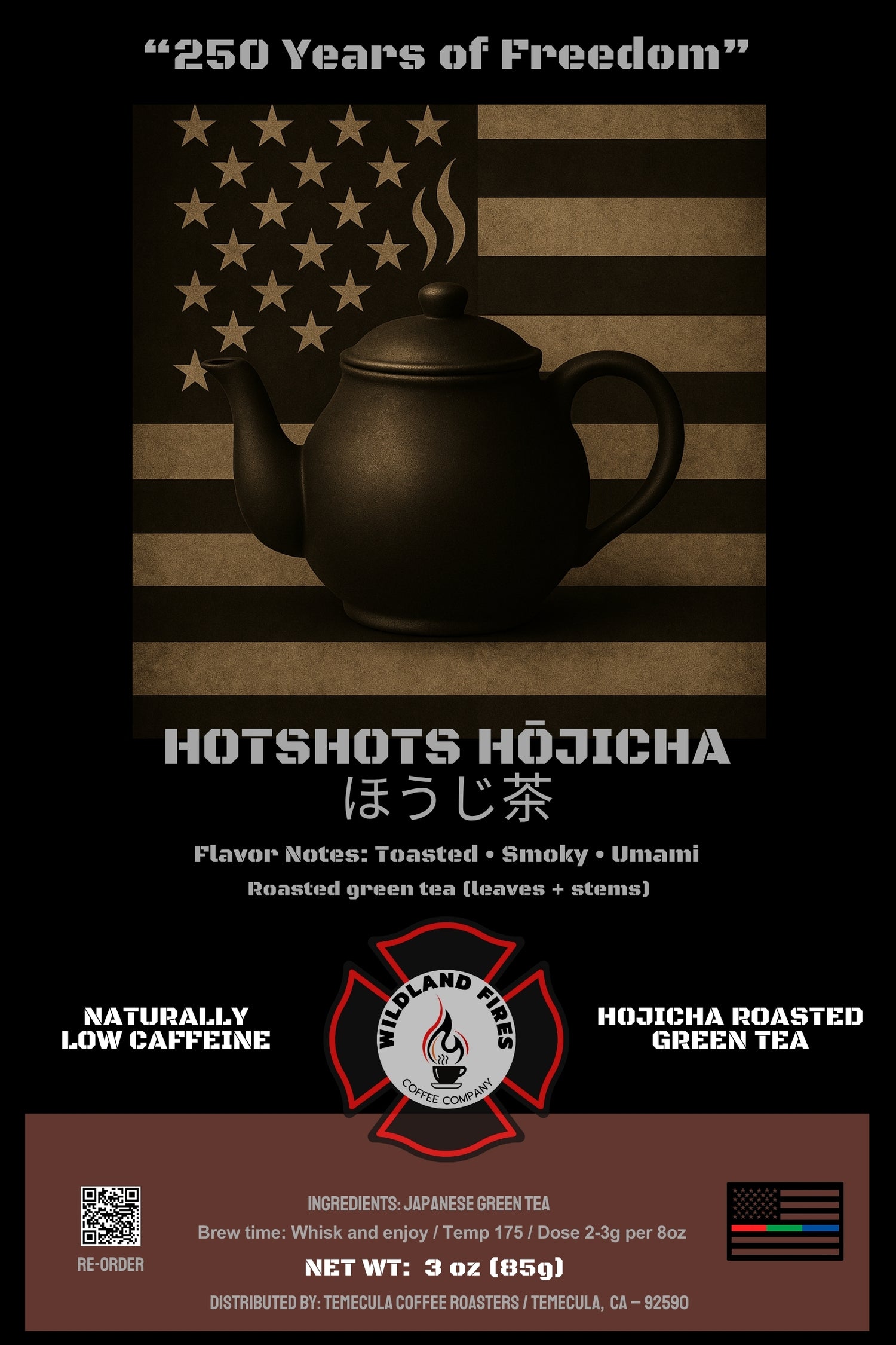 Hotshots Hojicha tea packaging with American flag design and teapot illustration.