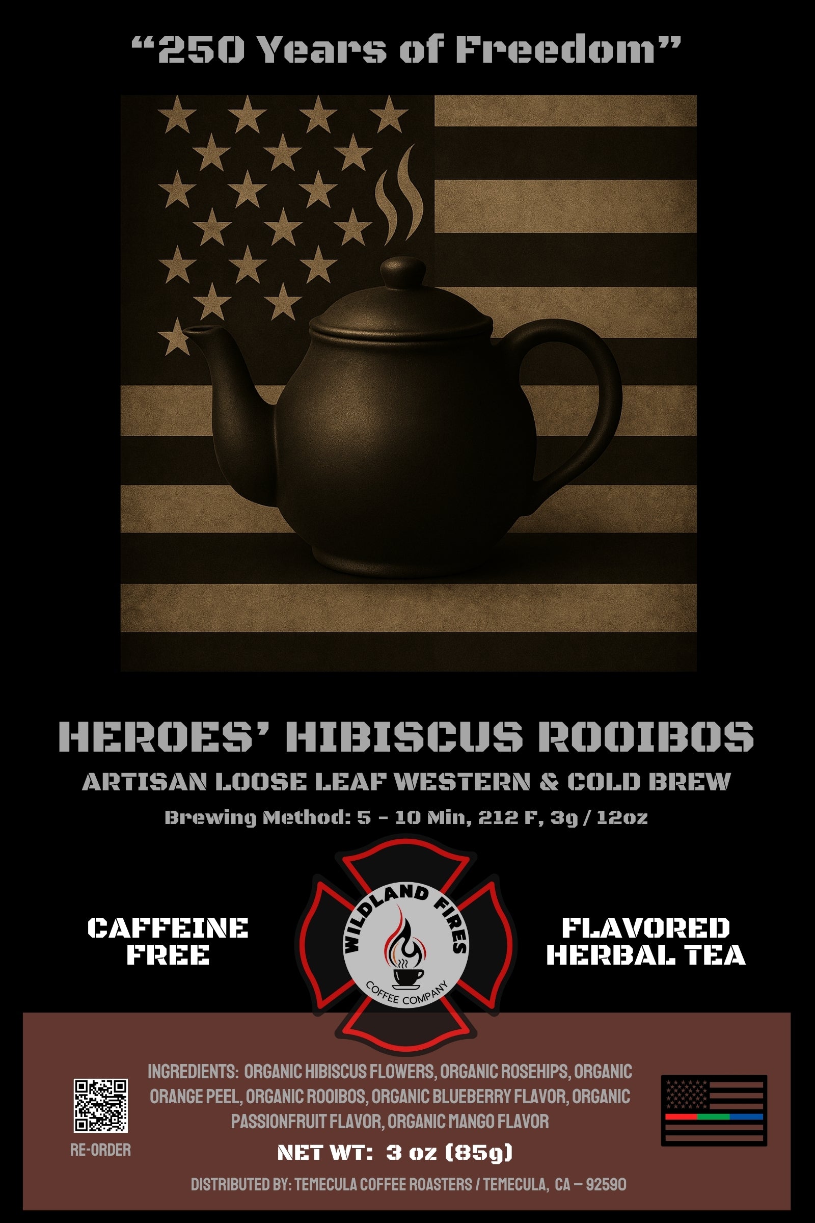 Tea packaging with a teapot design on an American flag background, featuring text about '250 Years of Freedom' and product details.