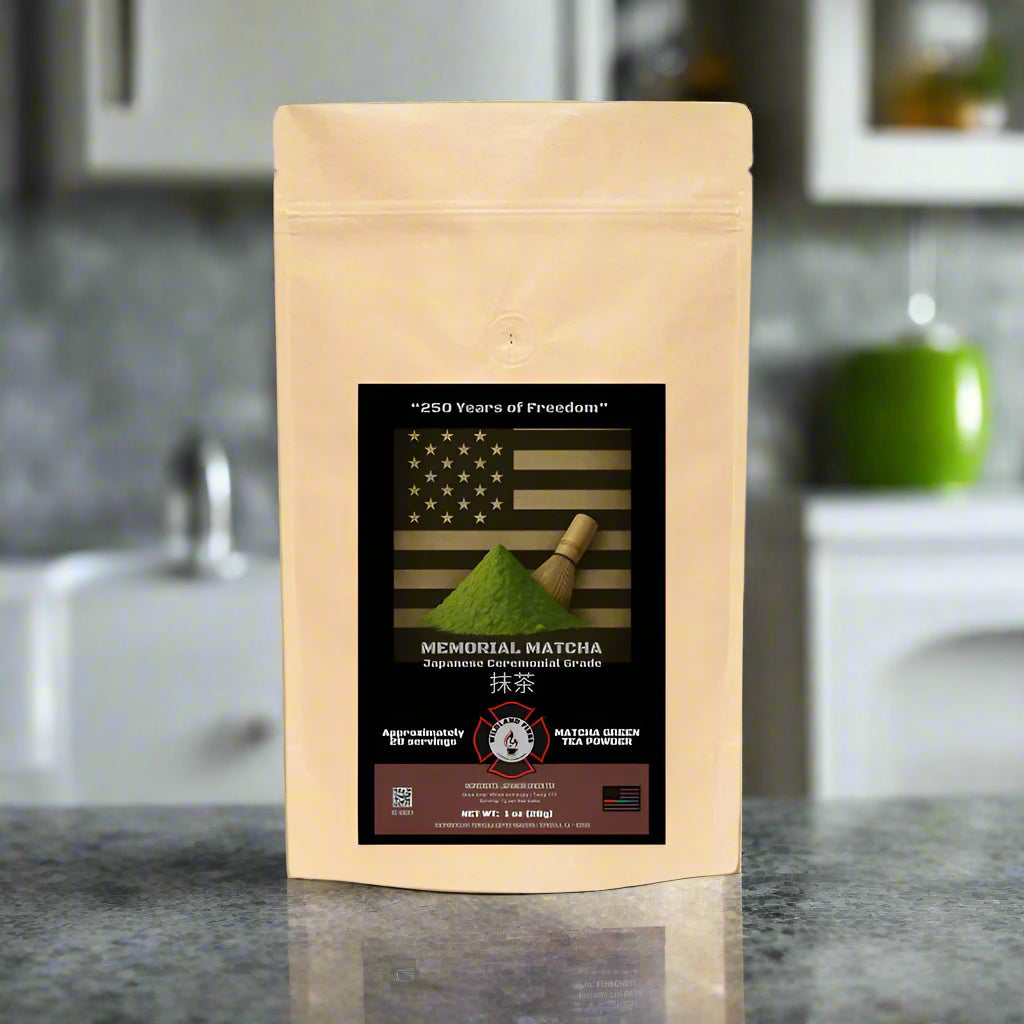 Memorial Matcha packaging with an American flag design on a white background