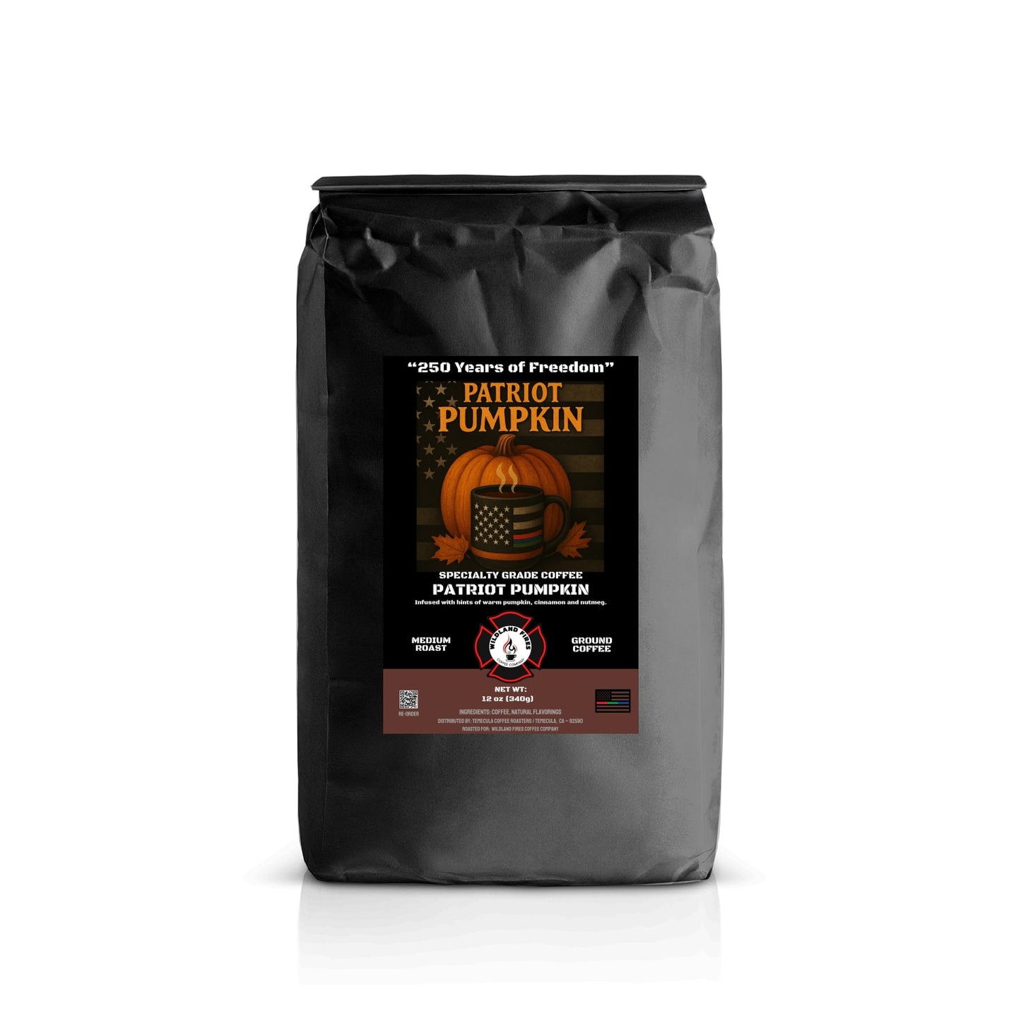 Coffee bag labeled 'Patriot Pumpkin' with a pumpkin design.